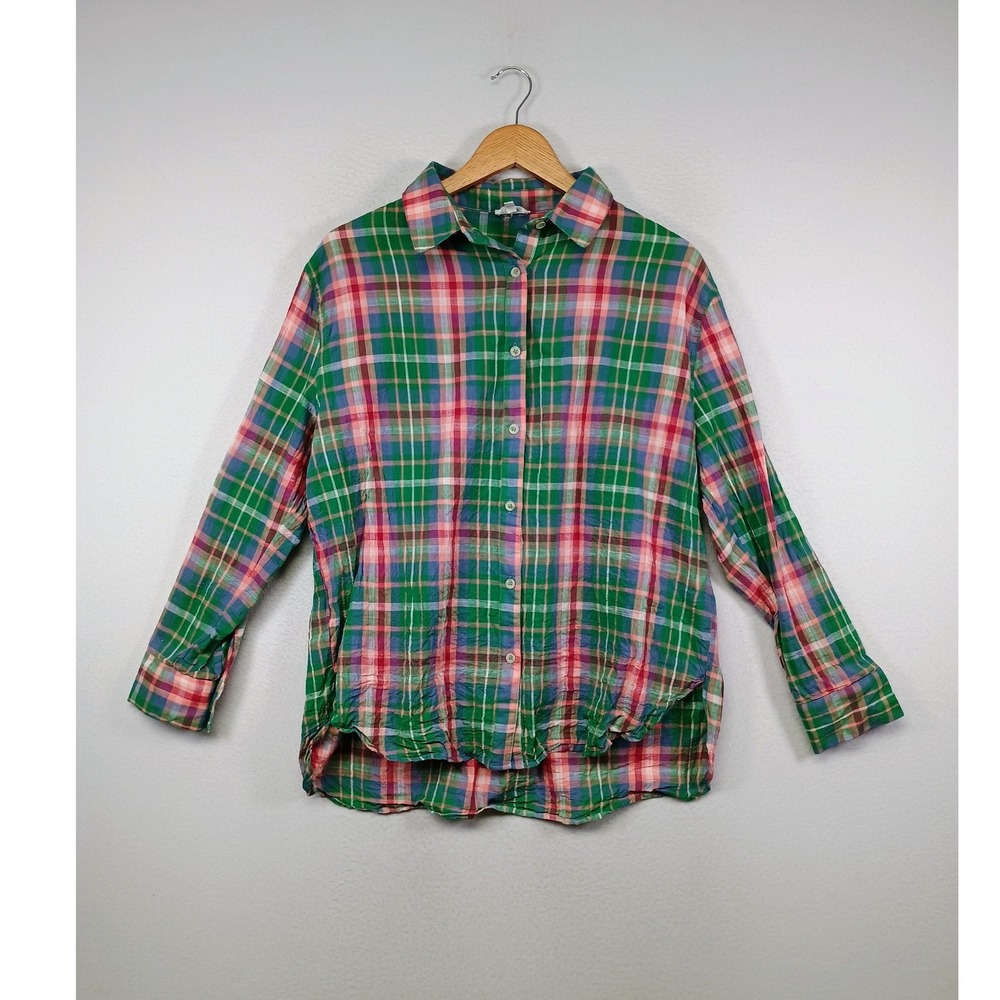 Preppy Plaid La Miel Womens Small Green Multi‎ Cotton Button Down High-Low Shirt